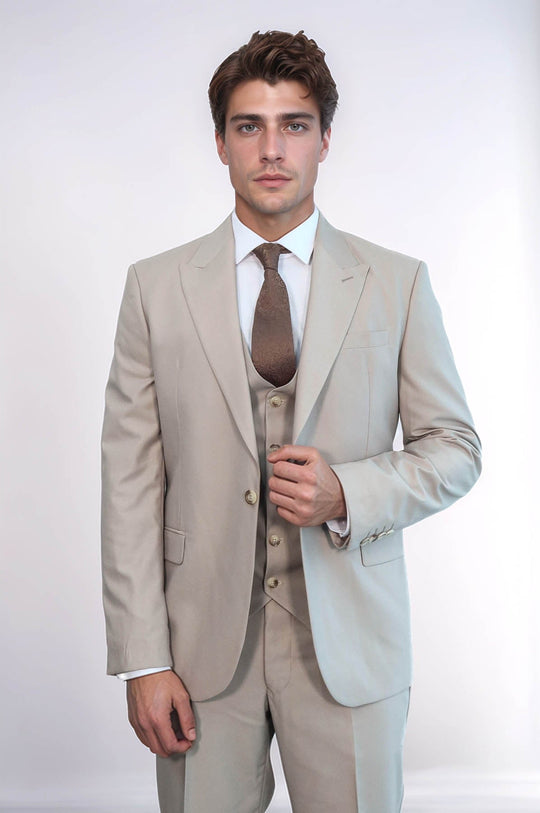 Men's Stone Beige Solid Slim Fit 3-Piece Suit