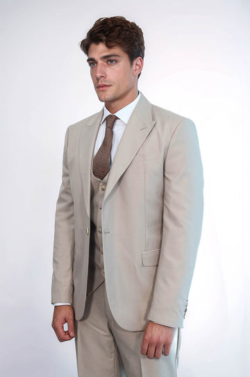 Men's Stone Beige Solid Slim Fit 3-Piece Suit