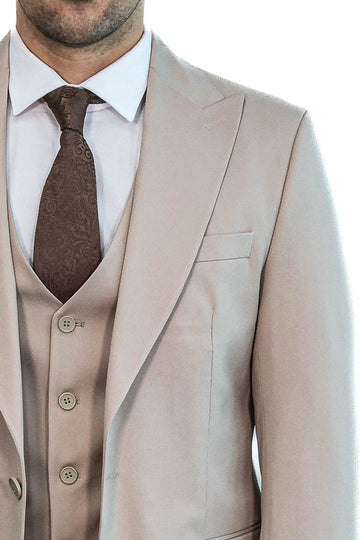 Men's Stone Beige Solid Slim Fit 3-Piece Suit
