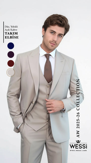 Men's Stone Beige Solid Slim Fit 3-Piece Suit