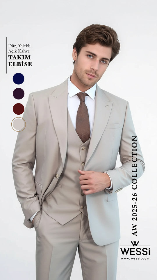 Men's Stone Beige Solid Slim Fit 3-Piece Suit