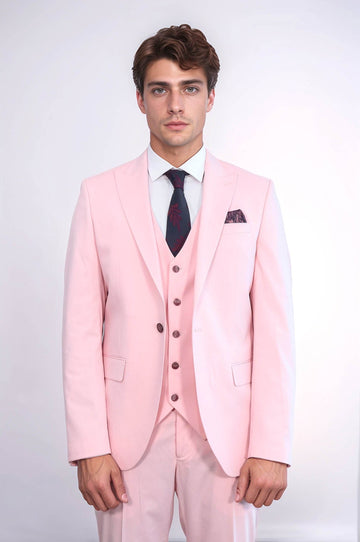Men's Pink 3-Piece Slim Fit Suit with Tailored Waistcoat