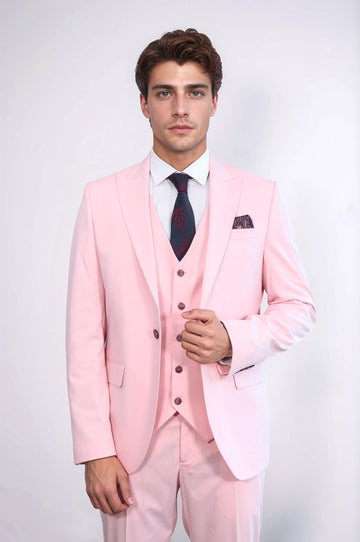 Men's Pink 3-Piece Slim Fit Suit with Tailored Waistcoat