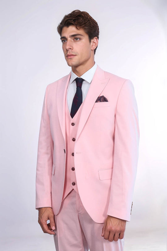 Men's Pink 3-Piece Slim Fit Suit with Tailored Waistcoat