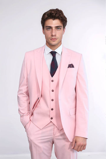 Men's Pink 3-Piece Slim Fit Suit with Tailored Waistcoat
