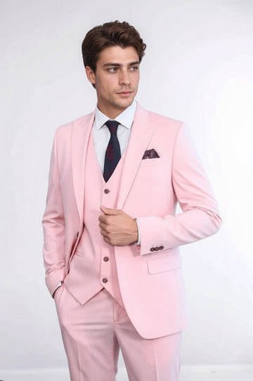 Men's Pink 3-Piece Slim Fit Suit with Tailored Waistcoat