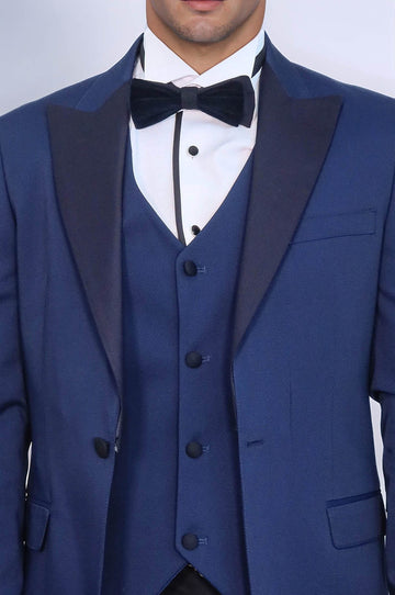 Men's Navy Blue Micro-Dot Patterned 3-Piece Slim Fit Tuxedo