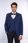Men's Navy Blue Micro-Dot Patterned 3-Piece Slim Fit Tuxedo