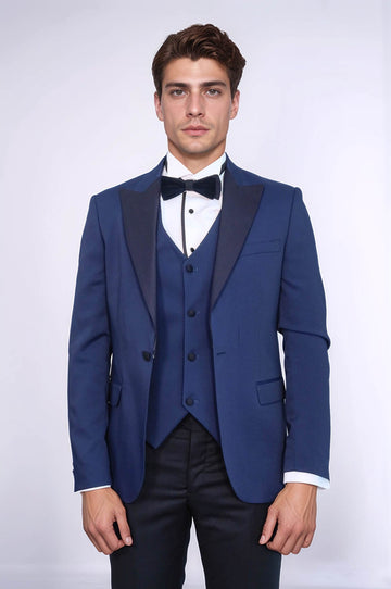 Men's Navy Blue Micro-Dot Patterned 3-Piece Slim Fit Tuxedo