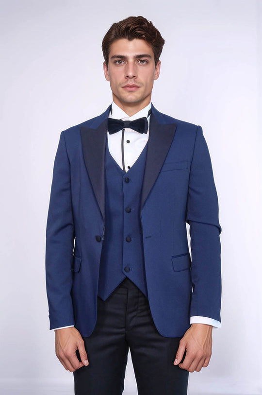 Men's Navy Blue Micro-Dot Patterned 3-Piece Slim Fit Tuxedo