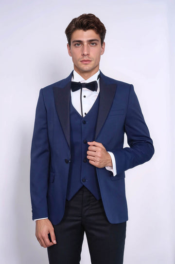 Men's Navy Blue Micro-Dot Patterned 3-Piece Slim Fit Tuxedo