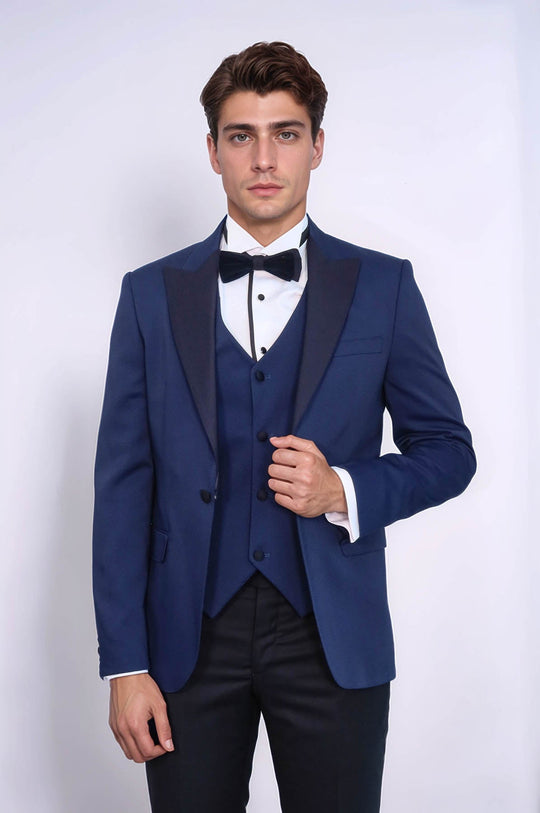 Men's Navy Blue Micro-Dot Patterned 3-Piece Slim Fit Tuxedo
