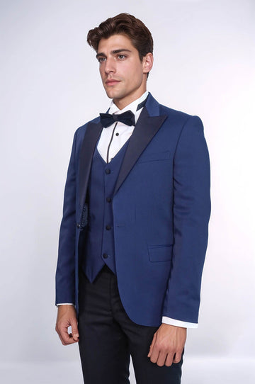 Men's Navy Blue Micro-Dot Patterned 3-Piece Slim Fit Tuxedo