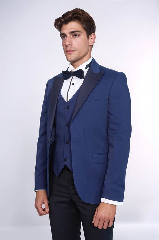 Men's Navy Blue Micro-Dot Patterned 3-Piece Slim Fit Tuxedo