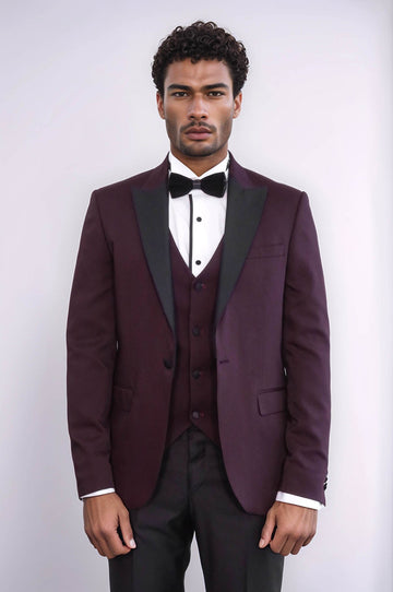 Men's Crimson Burgundy 3-Piece Slim Fit Tuxedo with Contrast Peak Lapel