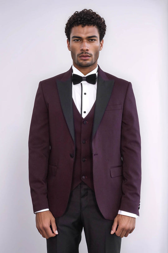 Men's Crimson Burgundy 3-Piece Slim Fit Tuxedo with Contrast Peak Lapel