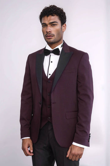 Men's Crimson Burgundy 3-Piece Slim Fit Tuxedo with Contrast Peak Lapel