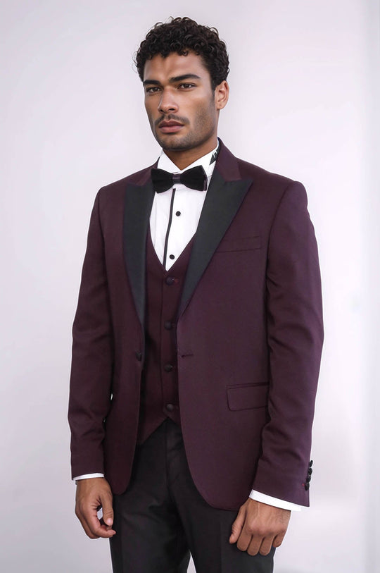 Men's Crimson Burgundy 3-Piece Slim Fit Tuxedo with Contrast Peak Lapel