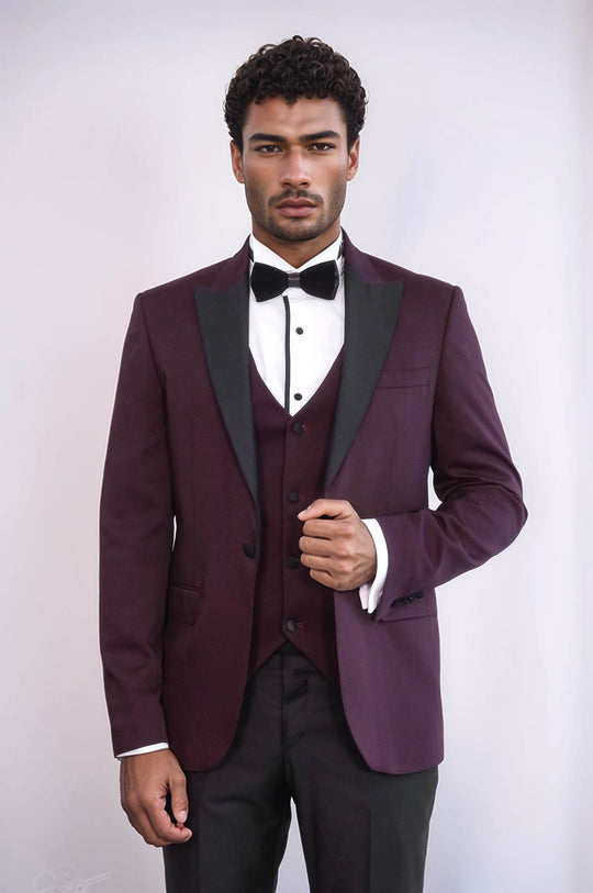 Men's Crimson Burgundy 3-Piece Slim Fit Tuxedo with Contrast Peak Lapel