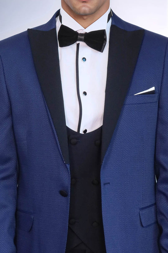 Men's Indigo Blue Micro-Geometric 3-Piece Slim Fit Combination Tuxedo