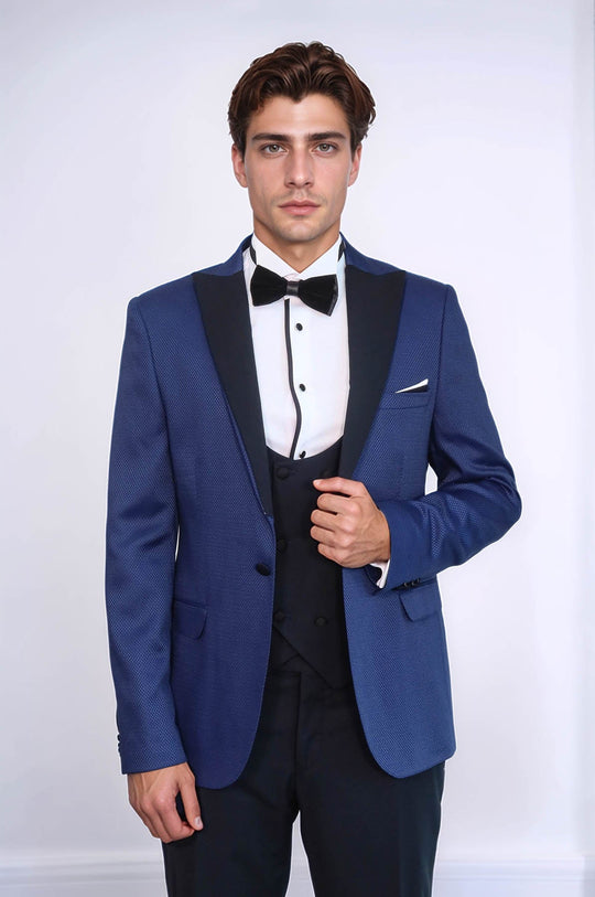 Men's Indigo Blue Micro-Geometric 3-Piece Slim Fit Combination Tuxedo