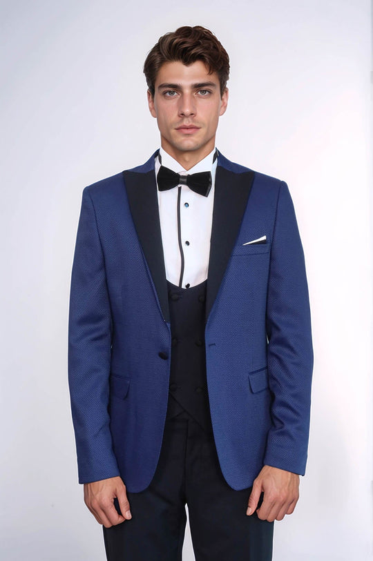 Men's Indigo Blue Micro-Geometric 3-Piece Slim Fit Combination Tuxedo