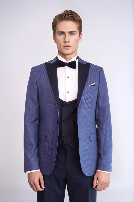 Men's Cobalt Blue Micro-Patterned 3-Piece Slim Fit Combination Tuxedo