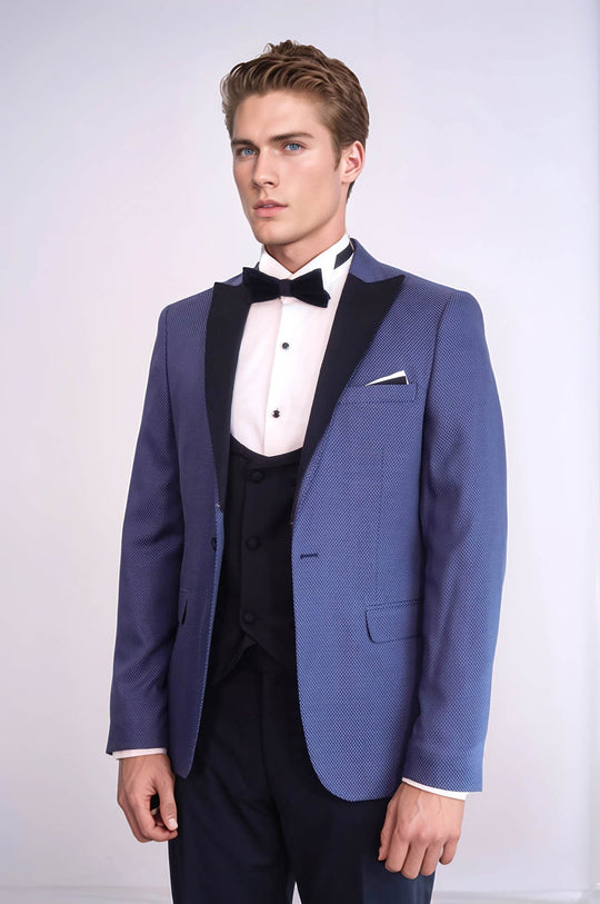 Men's Cobalt Blue Micro-Patterned 3-Piece Slim Fit Combination Tuxedo