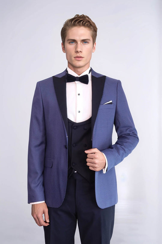 Men's Cobalt Blue Micro-Patterned 3-Piece Slim Fit Combination Tuxedo