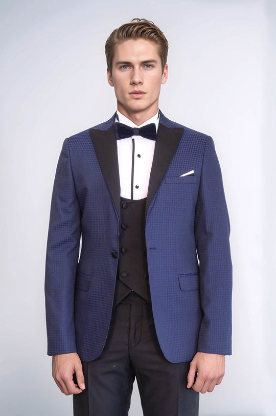 Men's Azure Indigo Micro-Patterned 3-Piece Slim Fit Combination Tuxedo