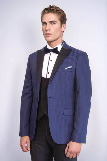 Men's Azure Indigo Micro-Patterned 3-Piece Slim Fit Combination Tuxedo