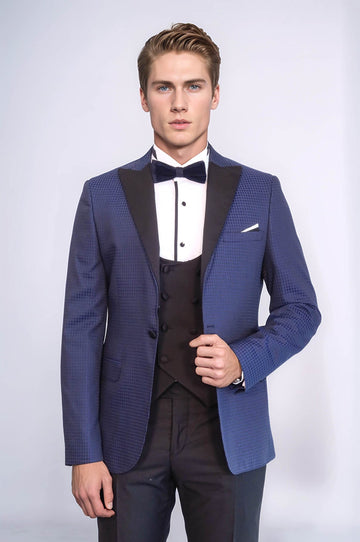 Men's Azure Indigo Micro-Patterned 3-Piece Slim Fit Combination Tuxedo