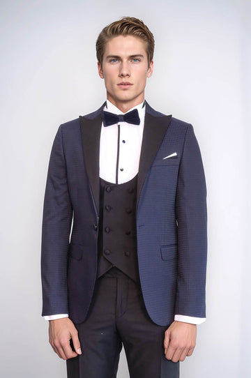 Men's Navy Blue Micro-Patterned 3-Piece Slim Fit Combination Tuxedo