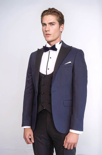 Men's Navy Blue Micro-Patterned 3-Piece Slim Fit Combination Tuxedo