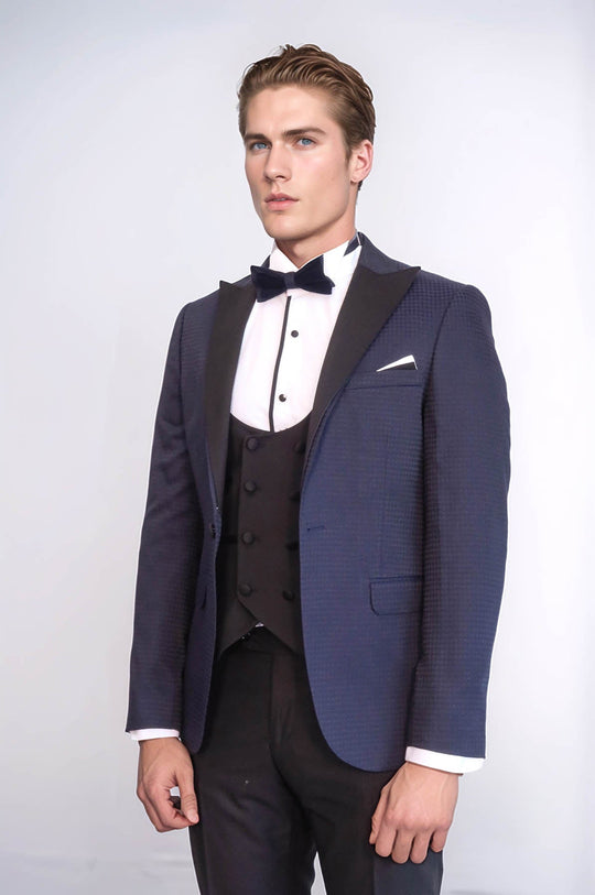 Men's Navy Blue Micro-Patterned 3-Piece Slim Fit Combination Tuxedo