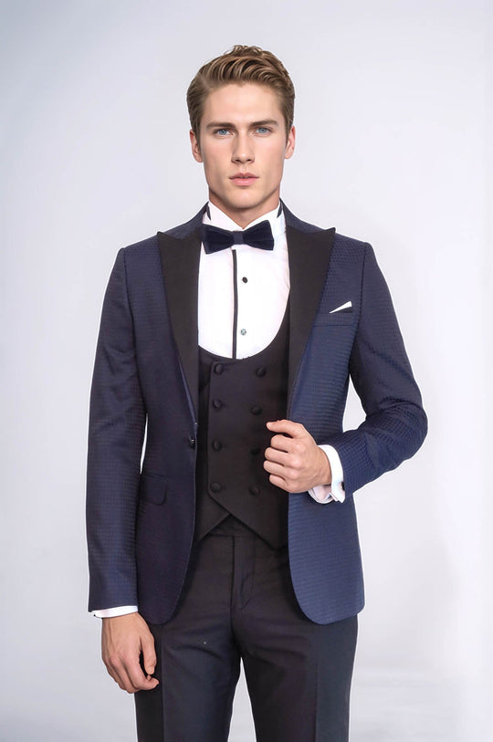 Men's Navy Blue Micro-Patterned 3-Piece Slim Fit Combination Tuxedo