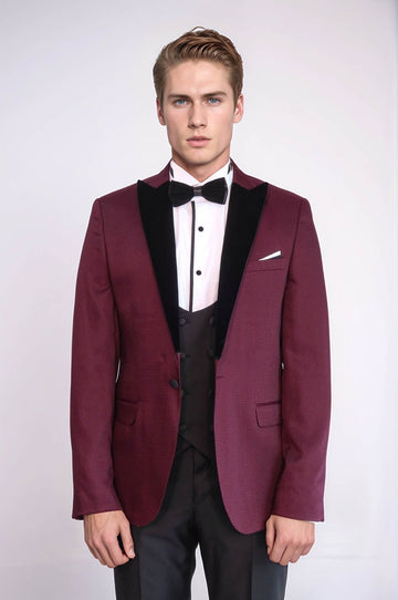 Men's Claret Red Micro-Patterned 3-Piece Slim Fit Combination Tuxedo