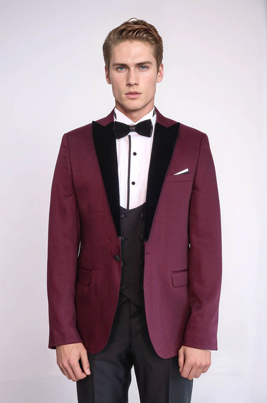 Men's Claret Red Micro-Patterned 3-Piece Slim Fit Combination Tuxedo