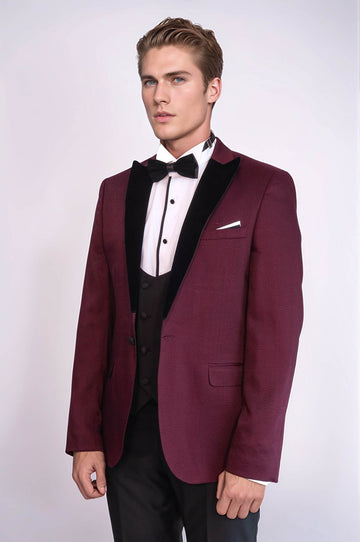 Men's Claret Red Micro-Patterned 3-Piece Slim Fit Combination Tuxedo