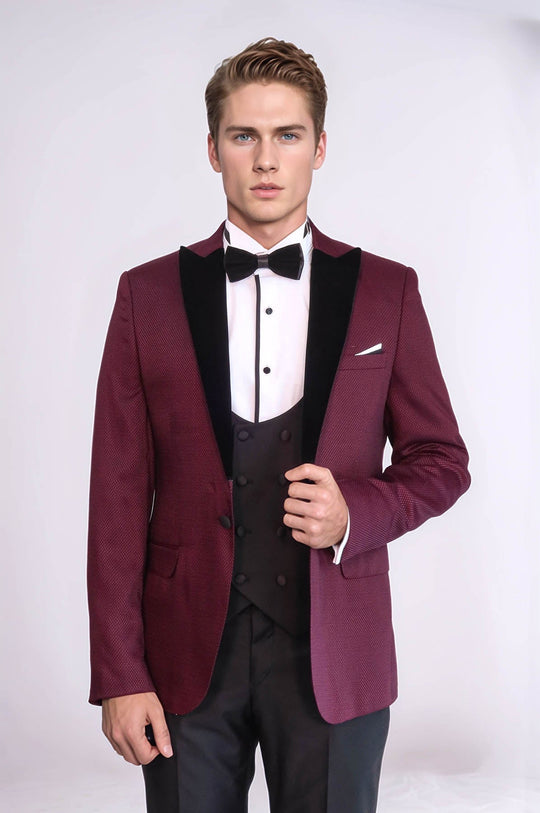 Men's Claret Red Micro-Patterned 3-Piece Slim Fit Combination Tuxedo