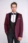 Men's Claret Red Micro-Patterned 3-Piece Slim Fit Combination Tuxedo
