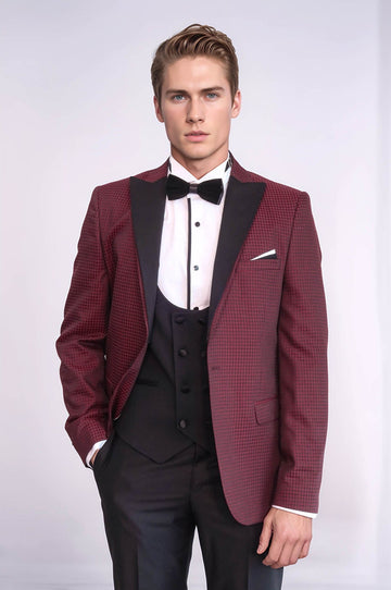 Burgundy Plaid 3-Piece Slim Fit Tuxedo – Wessi