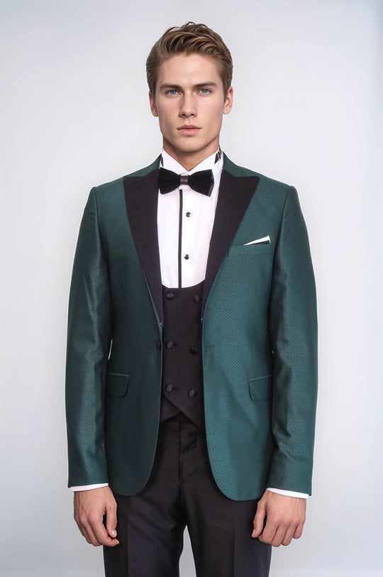 Men's Pine Green Micro-Patterned 3-Piece Slim Fit Tuxedo with Double-Breasted Waistcoat