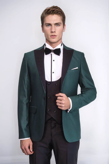 Men's Pine Green Micro-Patterned 3-Piece Slim Fit Tuxedo with Double-Breasted Waistcoat