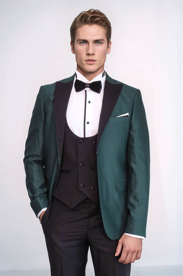 Men's Pine Green Micro-Patterned 3-Piece Slim Fit Tuxedo with Double-Breasted Waistcoat