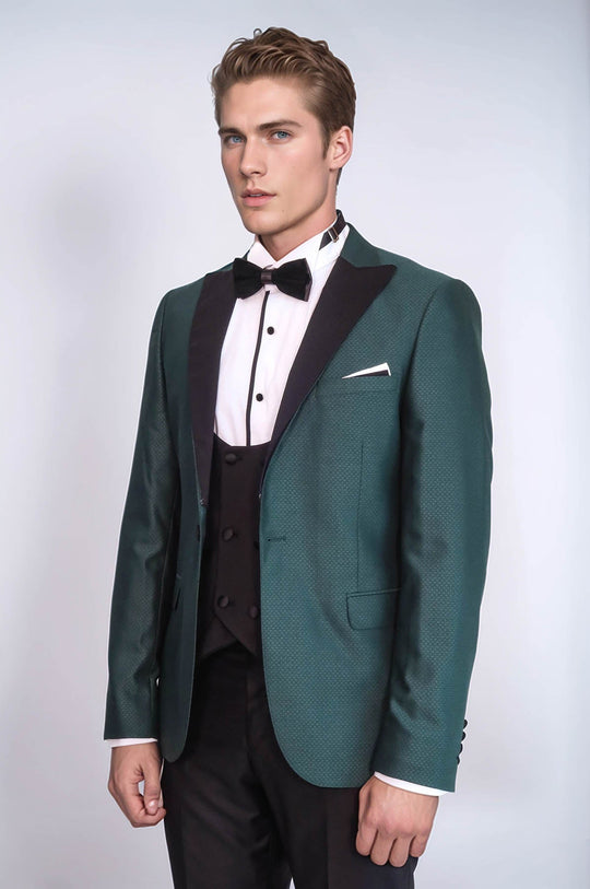 Men's Pine Green Micro-Patterned 3-Piece Slim Fit Tuxedo with Double-Breasted Waistcoat