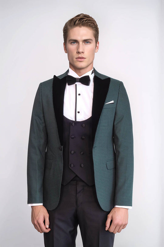 Men's Emerald Green Plaid 3-Piece Slim Fit Tuxedo with Velvet Shawl Lapel