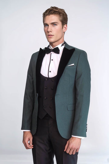 Men's Emerald Green Plaid 3-Piece Slim Fit Tuxedo with Velvet Shawl Lapel