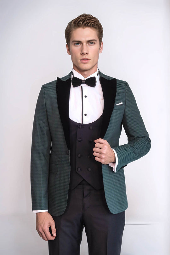 Men's Emerald Green Plaid 3-Piece Slim Fit Tuxedo with Velvet Shawl Lapel