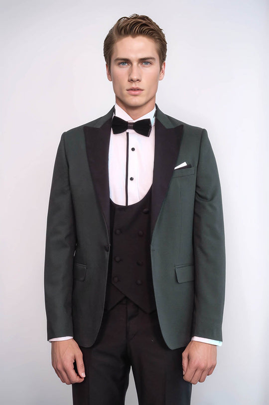 Men's Forest Green Micro-Dot 3-Piece Slim Fit Tuxedo with Velvet Lapel